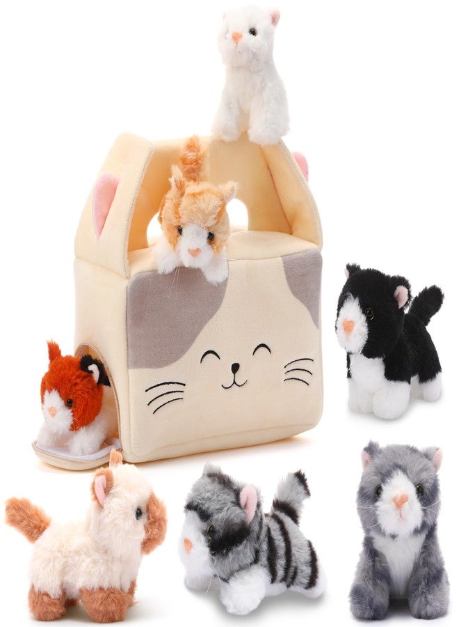 Blueweenly 8 Pcs Cat Stuffed Animal Set Plush House with 7 Soft Stuffed Animal Plush Toy for Kids Birthday Valentines Classroom Party Favors Goodie Bags Stuffers - Image 1